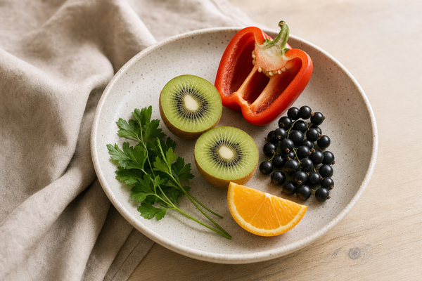 Kiwis coupés, cassis, poivron rouge et persil frais sur une assiette en céramique