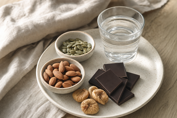 Amandes et graines de courge en coupelles, chocolat noir, figues sèches et un verre d'eau minérale