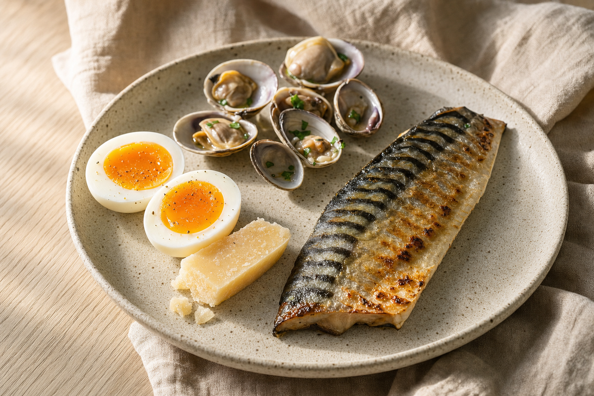 Filet de maquereau grillé, œufs mollets coupés, fromage affiné et palourdes dans leurs coquilles