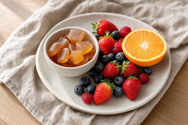 Bonbons gélifiés ambrés dans une coupelle en céramique, fruits rouges frais et une demi-orange