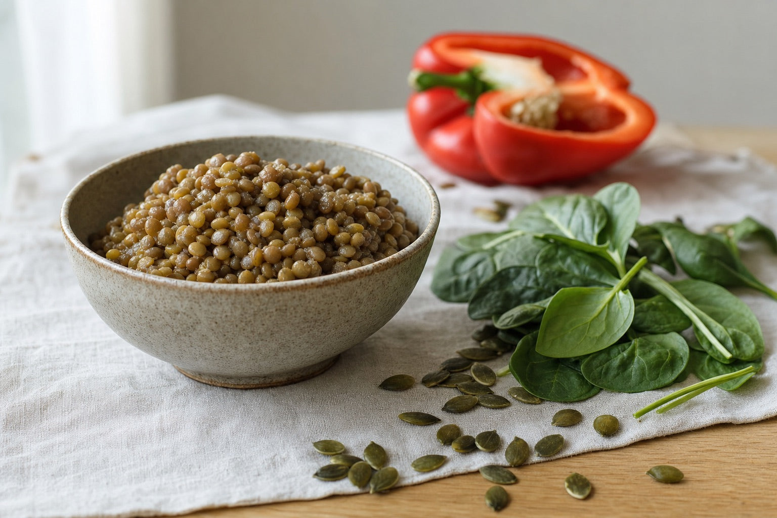 Bol de lentilles cuites, épinards frais, graines de courge et poivron rouge sur un linge de lin