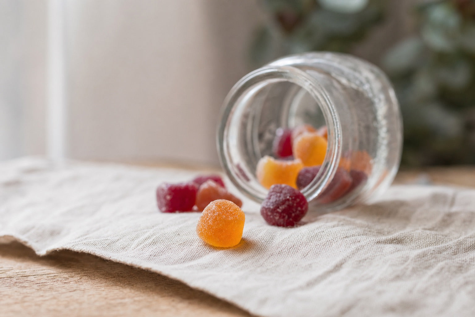 Bocal de gummies renversé sur un linge de lin, une gomme au premier plan