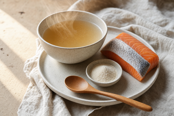 Bol de bouillon d'os fumant, filet de saumon cru et poudre de collagène dans une coupelle