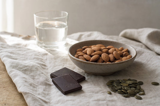 Amandes, carrés de chocolat noir, graines de courge et verre d'eau