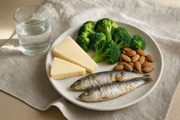 Fromages affinés en pointes, sardines entières, brocolis blanchis, amandes et un verre d'eau minérale