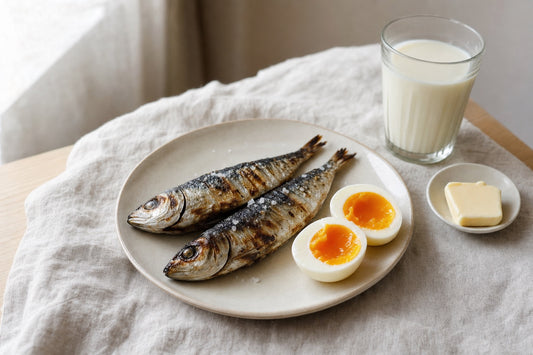 Sardines grillées, œuf mollet coupé, beurre et verre de lait