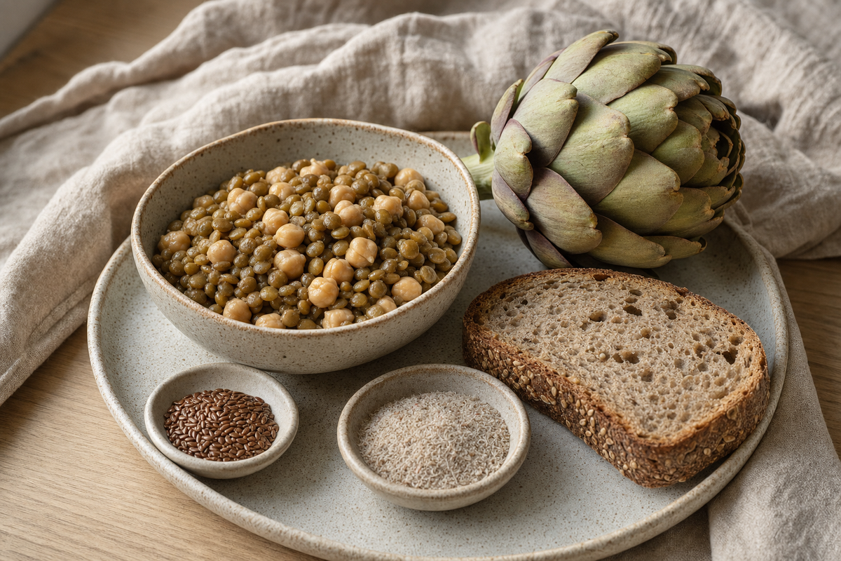 Lentilles et pois chiches cuits, pain complet, graines de lin, psyllium et un artichaut cru