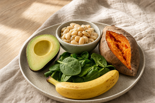 Avocat coupé, patate douce rôtie, haricots blancs, épinards frais et une banane sur une assiette