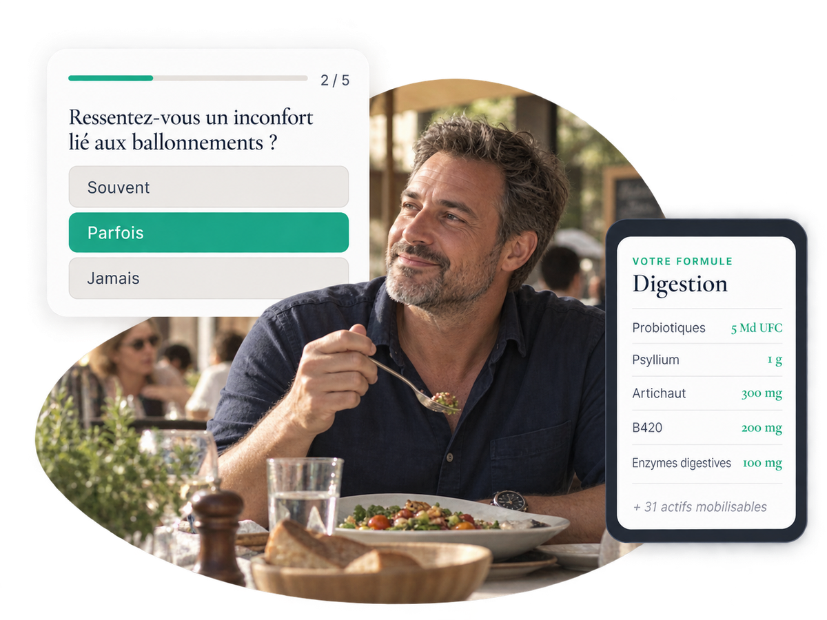 Homme attablé devant un repas léger et formule digestion OMAVI dans l'application