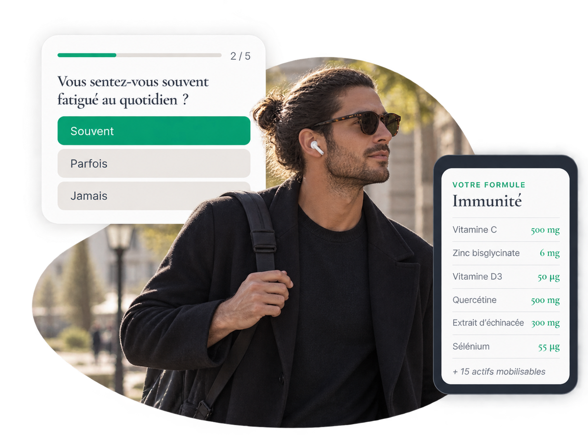 Homme en pleine forme et formule immunité et fatigue OMAVI dans l'application