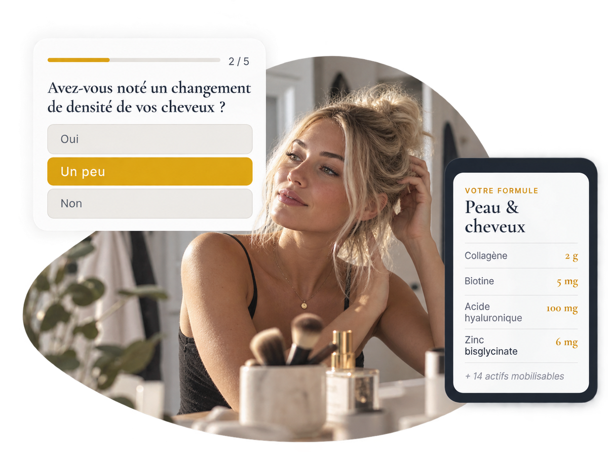 Femme au teint lumineux et formule peau, cheveux et ongles OMAVI