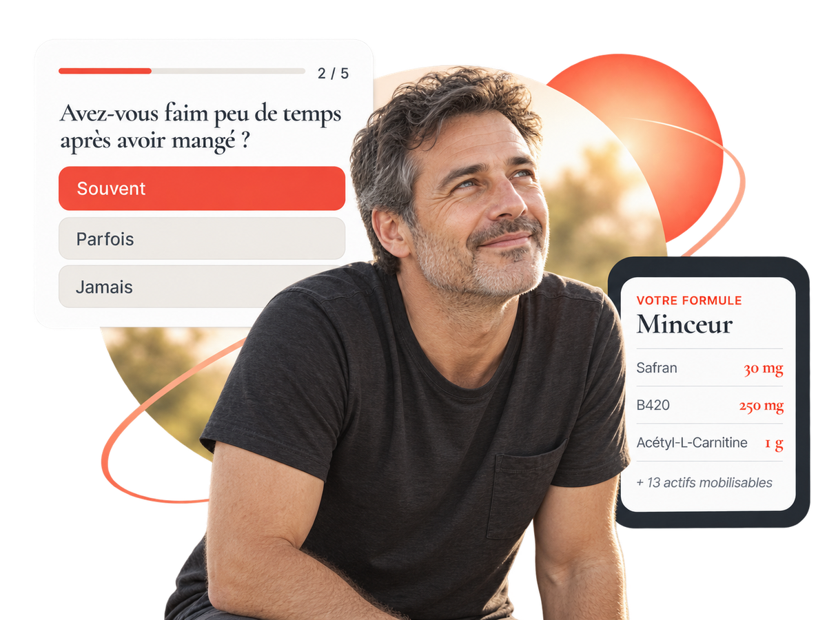 Homme serein et formule minceur OMAVI composée dans l'application