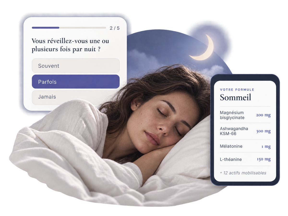 Femme endormie paisiblement et formule sommeil OMAVI composée dans l'application