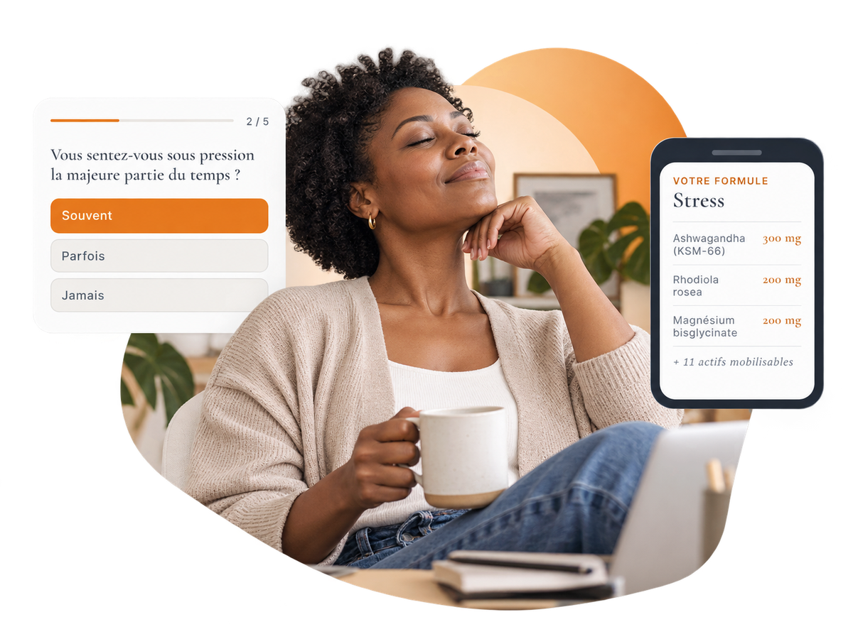 Femme apaisée et formule stress OMAVI composée dans l'application